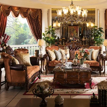 American vila din piele lemn masiv canapea familie living de lux Europene pânză canapea combinație de mobilier