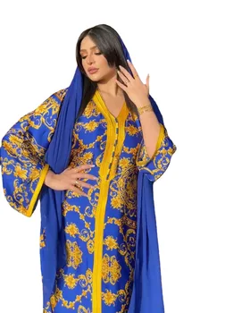Caftan marocan Abaya Dubai Vintage Print Musulmane Hijab Rochie arabă Abayas pentru Femei Orientul Mijlociu, Turcia Islam Oman Caftan Albastru