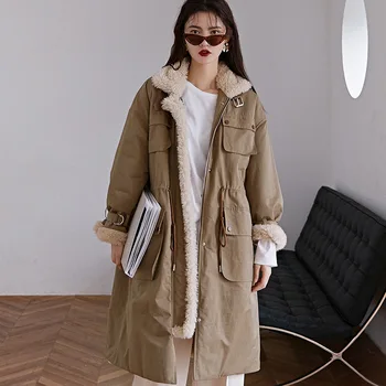 De sex feminin nou toamna și iarna coreea style moda garnitură de lână de miel îmbrăcăminte exterioară lungă plus catifea strat liber