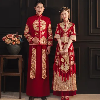 Iubitorii de Broderie Costum de Nunta de Mari Dimensiuni Cheongsam Stil Chinezesc Căsătorie Set Mireasa Mirele Toast Îmbrăcăminte 5XL 6XL