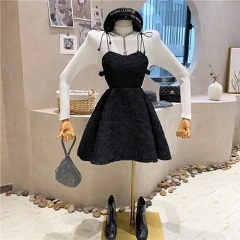 Nișă Design Nou de Îmbrăcăminte pentru Femei 2021 Epocă Jacquard Sling Rochie + Jumătate de Înaltă Gât Tricotate Fund Tricou Top Set de două piese