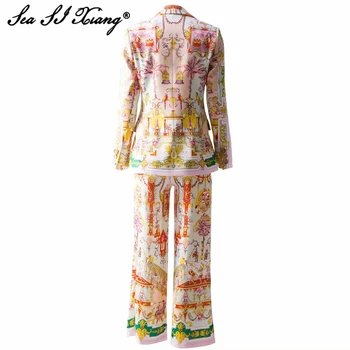 Seasixiang Designer De Moda Toamna Costum Femei Maneca Lunga Singur Buton Topuri Strat +Pantaloni Largi Picior Indie Folk De Imprimare Set De Două Piese